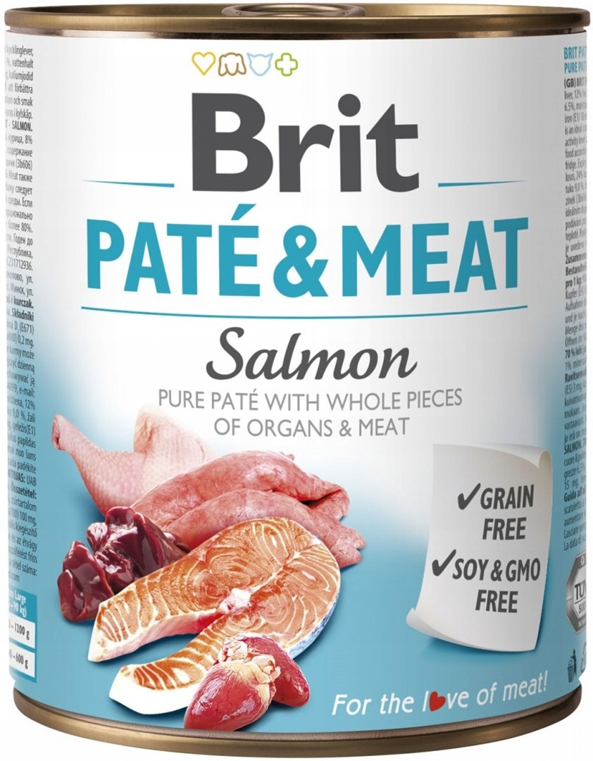 Puszka Brit Pate & Meat Salmon z grafikami surowego łososia, kurczaka i podrobów oraz tekstem.