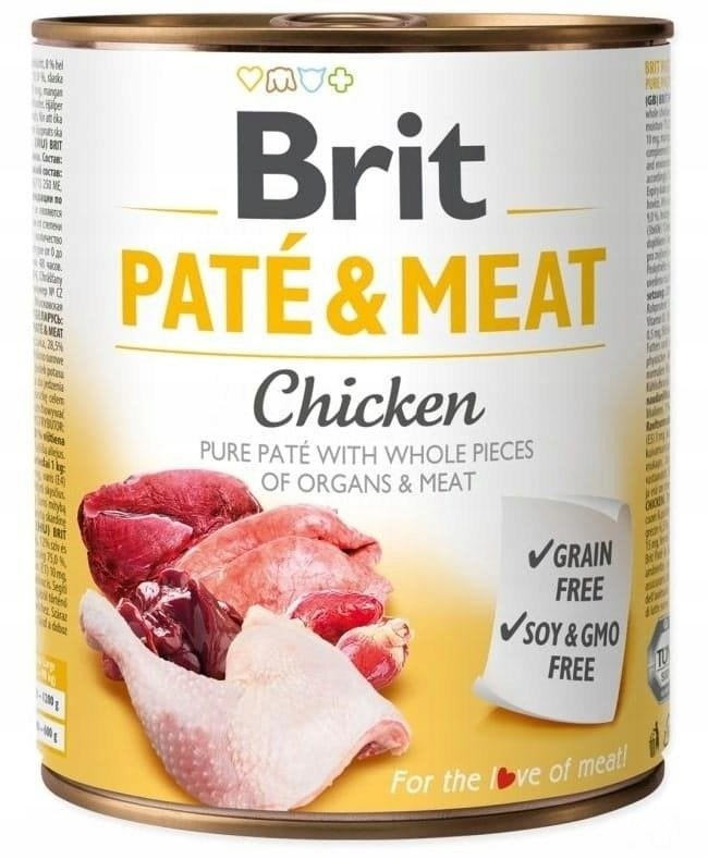 Puszka karmy Brit Paté & Meat Kurczak z surowym mięsem i kawałkami drobiu na etykiecie.