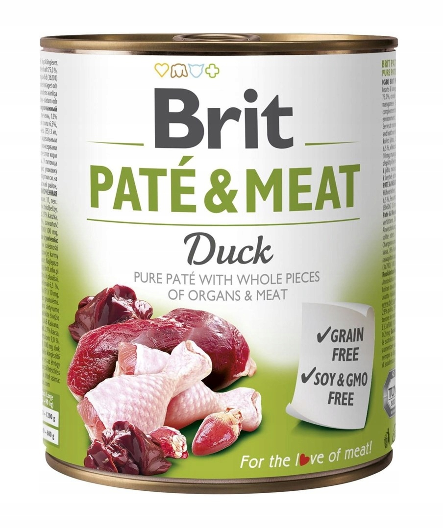 Puszka karmy Brit Pate & Meat z kaczki z grafiką mięsa, podrobów i udek na zielono-białej etykiecie.