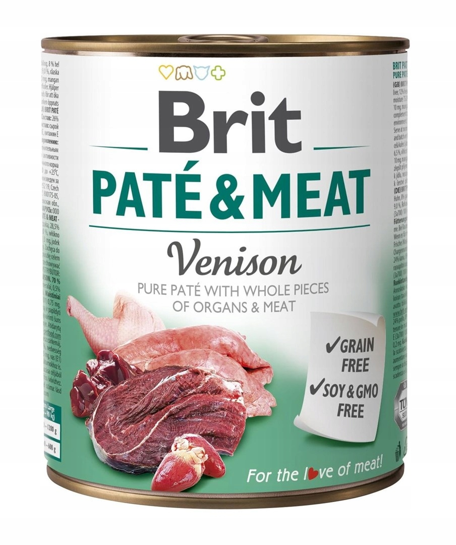 Puszka z karmą dla zwierząt Brit Pate & Meat Venison ze świeżym mięsem.