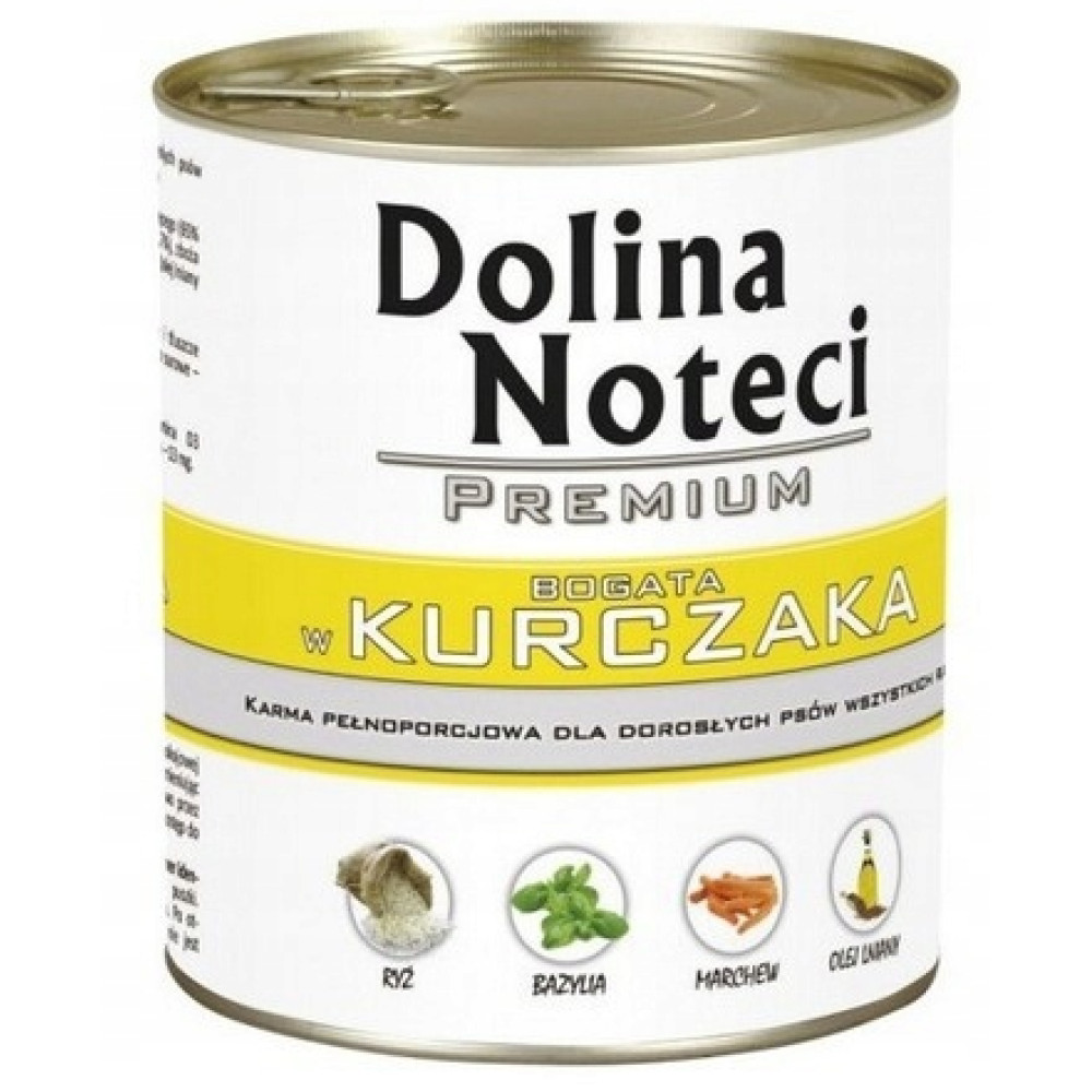 Biała puszka karma dla psa Dolina Noteci Premium z żółtą etykietą, napisem kurczak i ikonami składników.