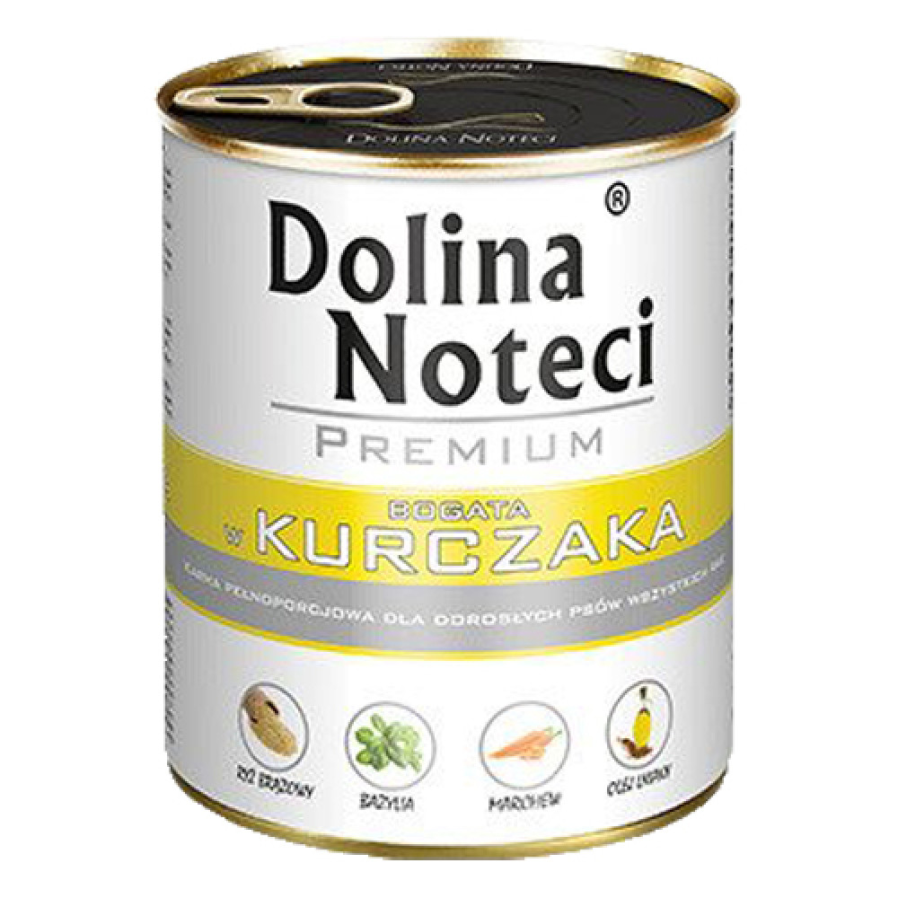 Biało-żółta puszka z karmą dla psów Dolina Noteci z ikonami kurczaka na białym tle.