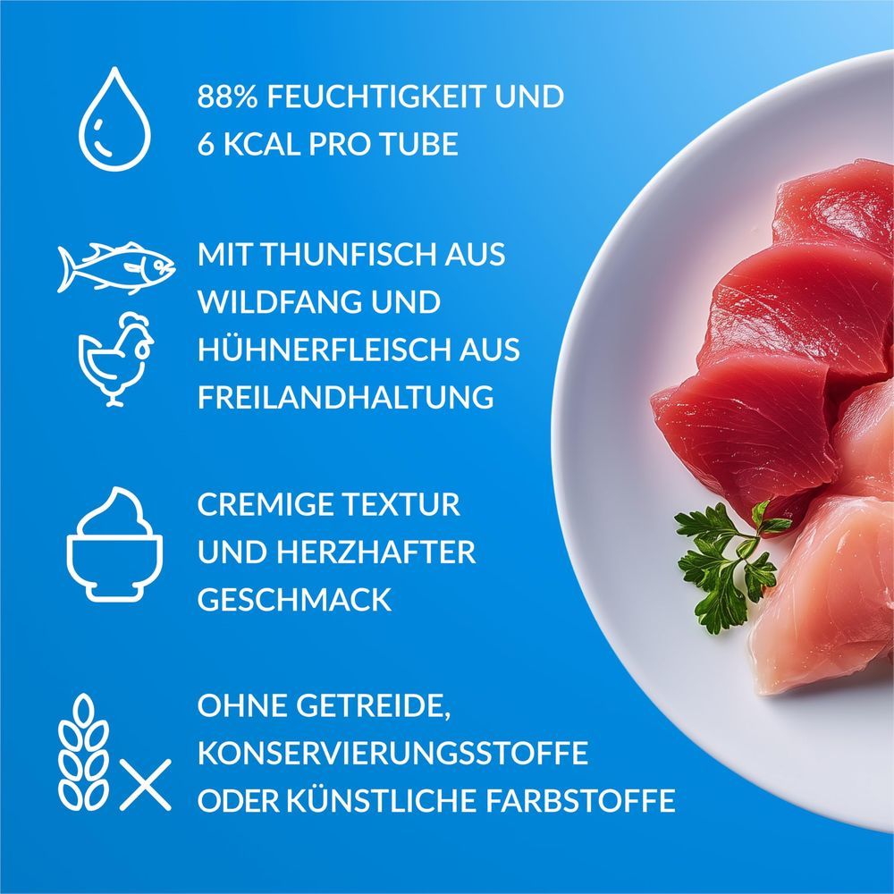 Infografika przedstawiająca surowego tuńczyka, kurczaka i tekst na niebieskim tle.