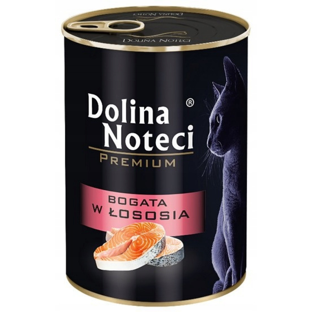 Czarna puszka karmy dla kota Dolina Noteci z łososiem i czarnym kotem.