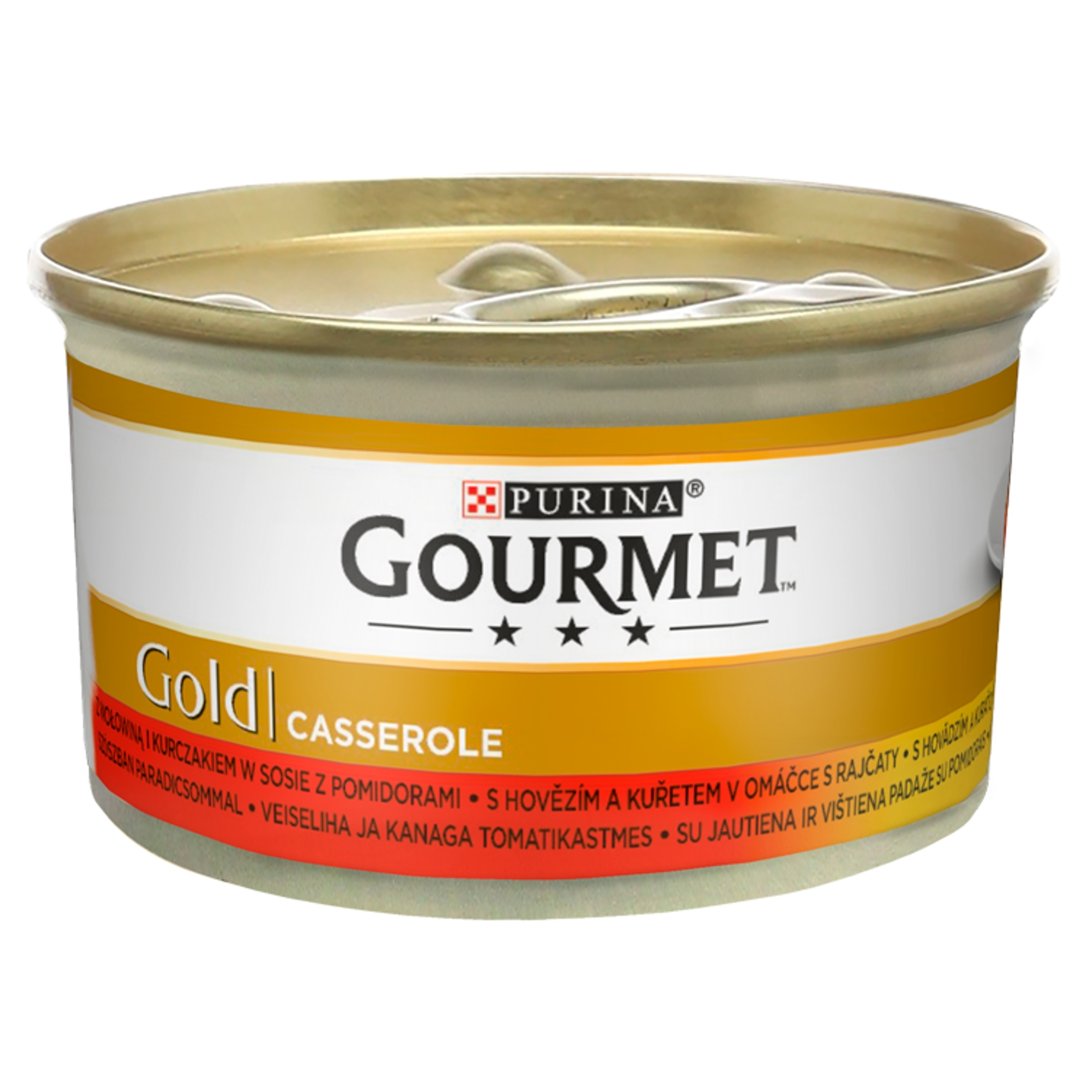 Okrągła puszka karmy dla kota Purina Gourmet Gold ze złotą etykietą.
