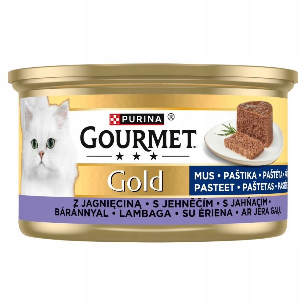 Puszka karma dla kota Purina Gourmet Gold z jagnięciną, z białym kotem i podanym pasztetem na etykiecie.