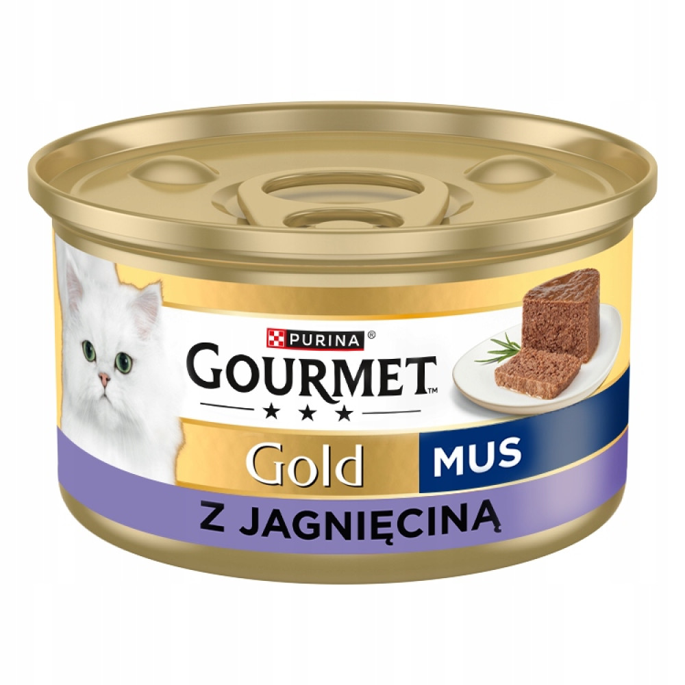 Złota puszka karmy Purina Gourmet Gold z białym kotem i musem z jagnięciną.