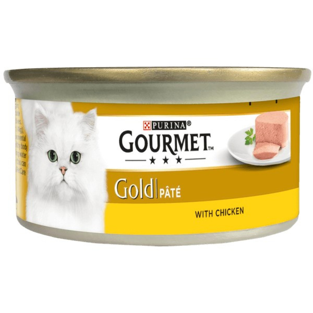 Puszka karma dla kota Purina Gourmet Gold pate z kurczakiem i bialym kotem.