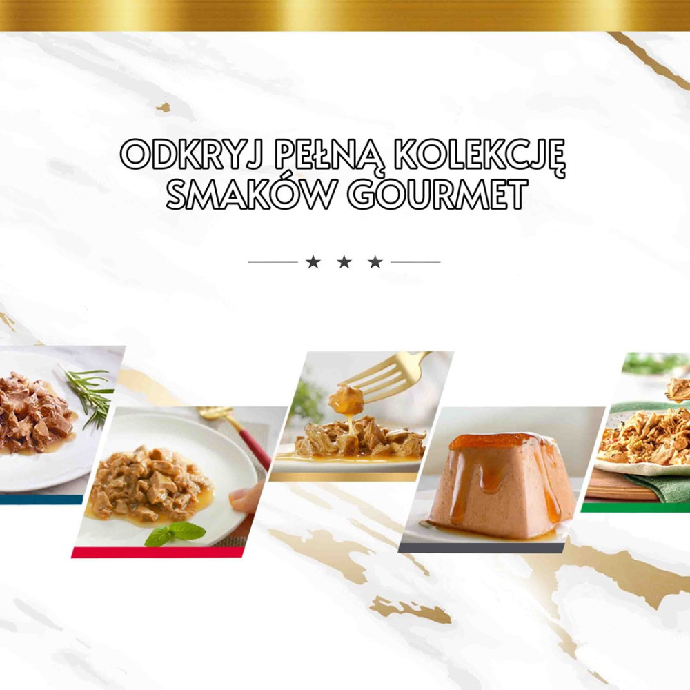Obraz reklamowy karmy dla kotów gourmet z tekstem i pięcioma zdjęciami produktów.