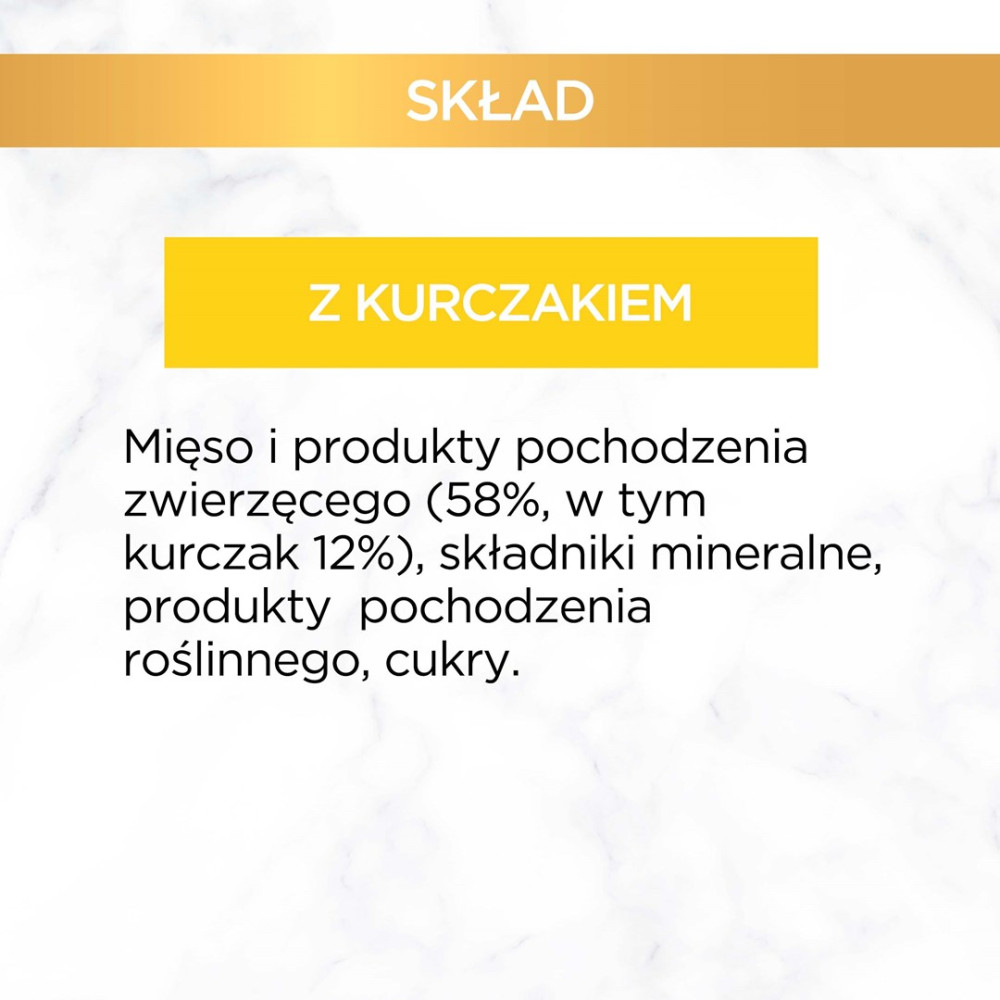 Lista składników na białym marmurze z żółtymi banerami.