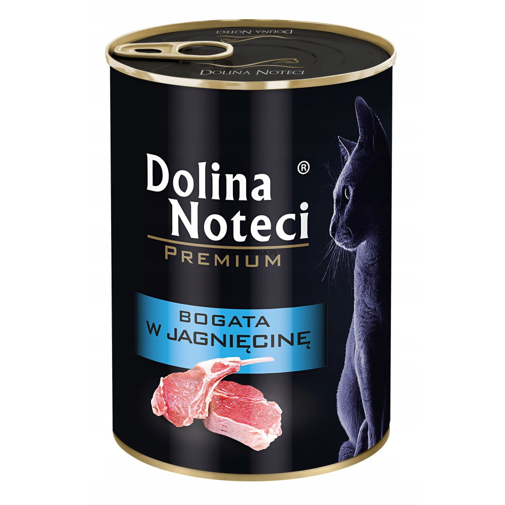 Czarna puszka karmy dla kotów Dolina Noteci z czarnym kotem i mięsem jagnięcym.