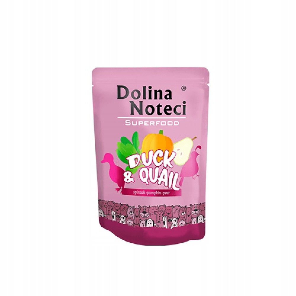 Różowa saszetka z karmą dla zwierząt Dolina Noteci Superfood kaczka i przepiórka z grafiką szpinaku, dyni i gruszki.