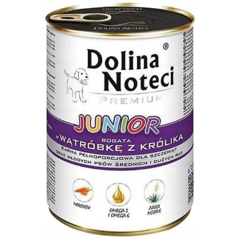Puszka karmy dla szczeniąt Dolina Noteci Junior z wątróbką z królika, z logo szczeniaka.