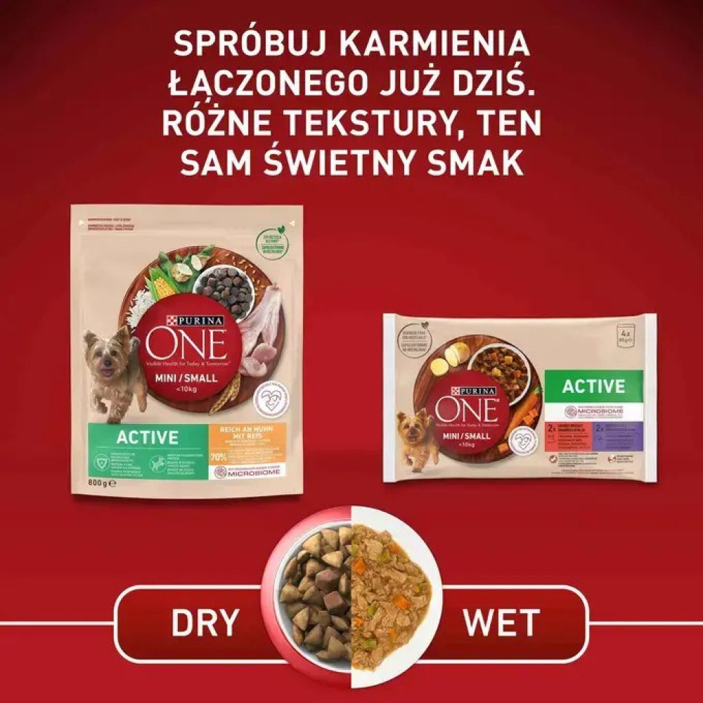 Reklama karmy dla psów Purina One z suchą i mokrą karmą, małym psem i miską na czerwonym tle.