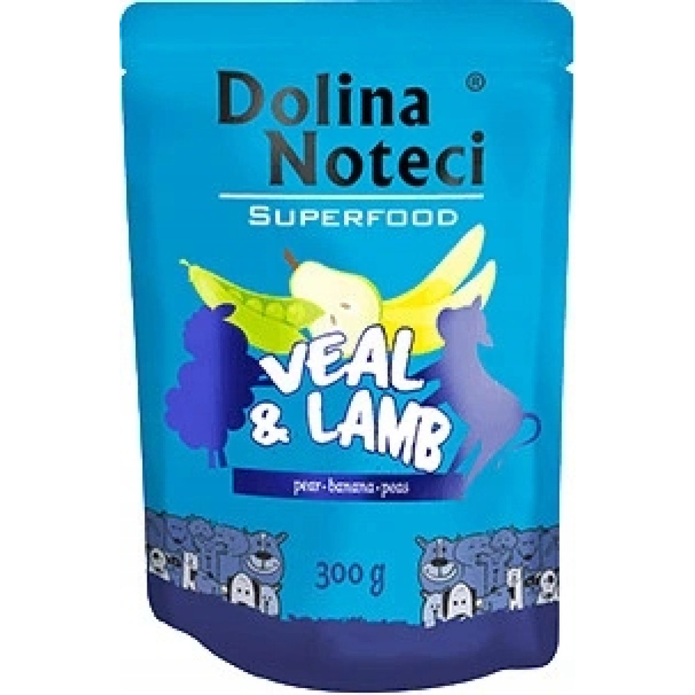 Niebieska saszetka Dolina Noteci Superfood z owocami i grafiką zwierząt, cielęcina i jagnięcina, 300g.