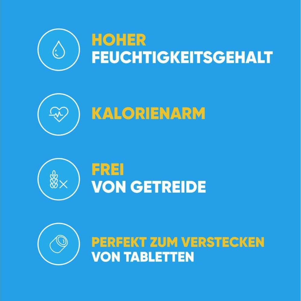 Niebieska infografika z czterema ikonami i niemieckim tekstem o cechach produktu.