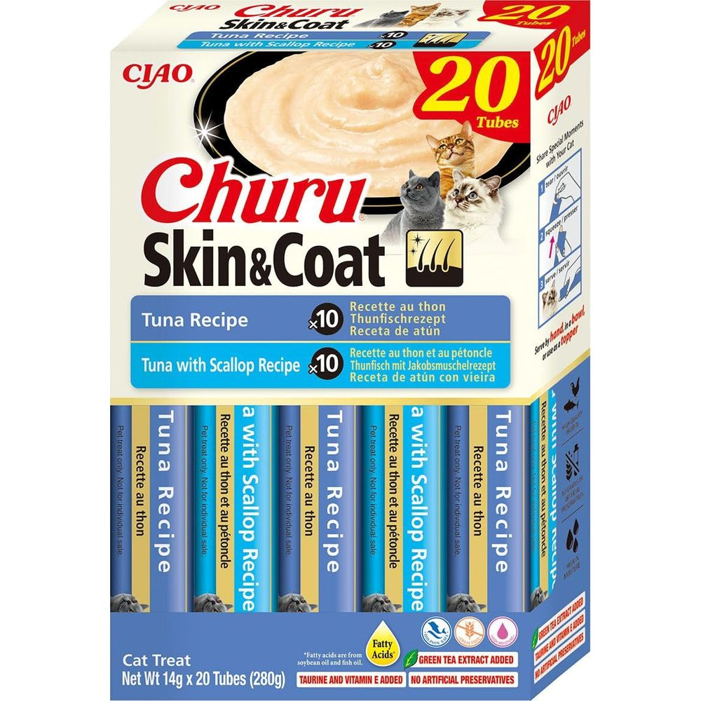 Pudełko przysmaków dla kota CIAO Churu Skin & Coat z tuńczykiem i małżami.