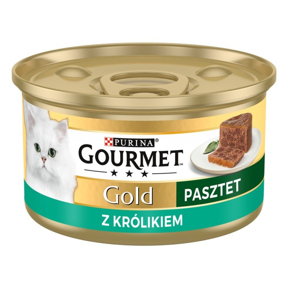 Puszka karmy dla kota Purina Gourmet Gold z królikiem, białym kotem i pasztetem na żółto-zielonym tle.