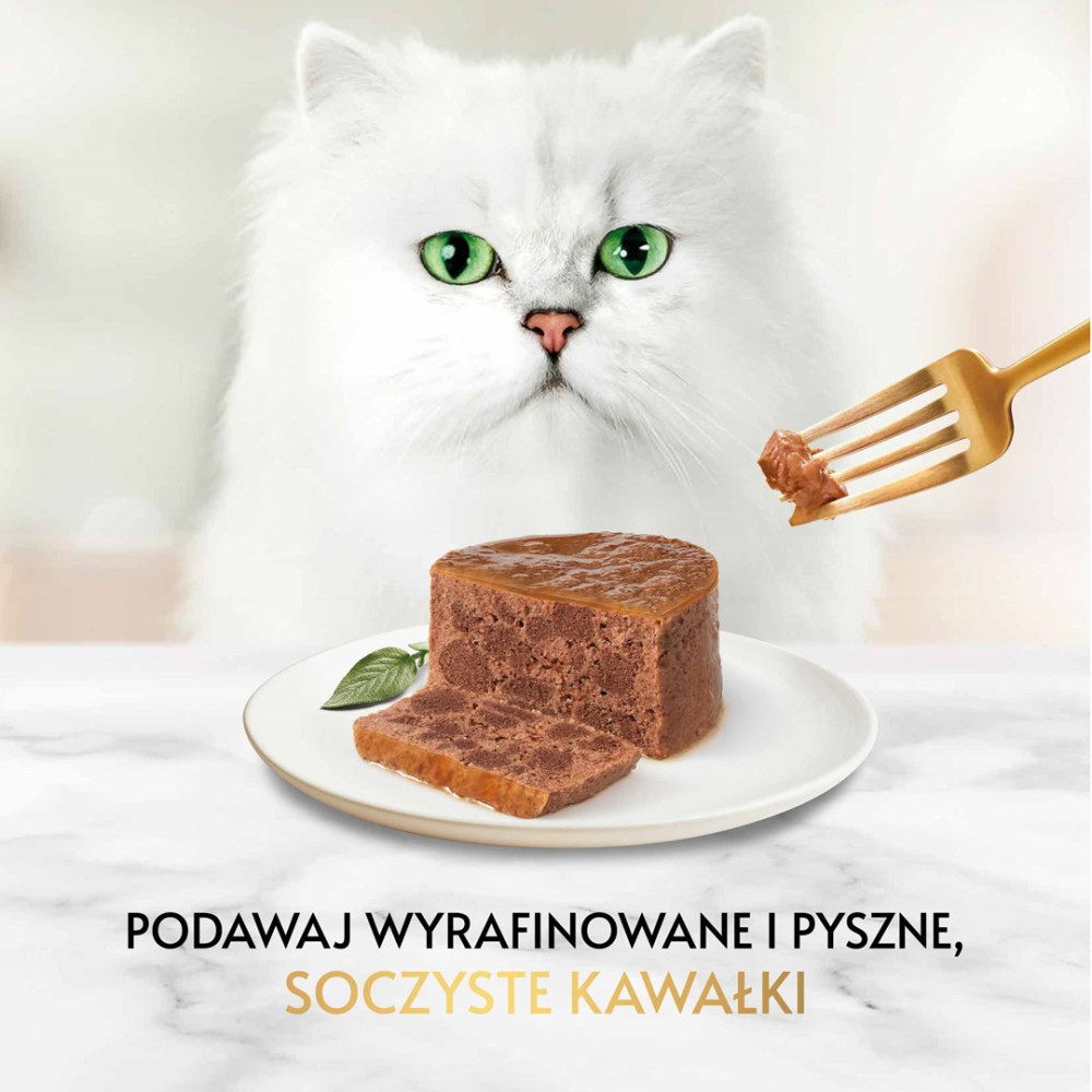 Biały kot patrzy na talerz z mokrą karmą, a złoty widelczyk trzyma jeden kawałek.