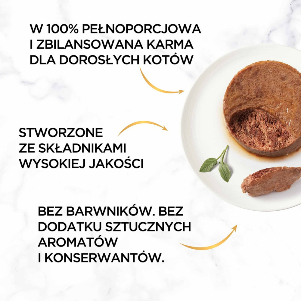 Karma dla kotów na białym talerzu z polskim tekstem i strzałkami.
