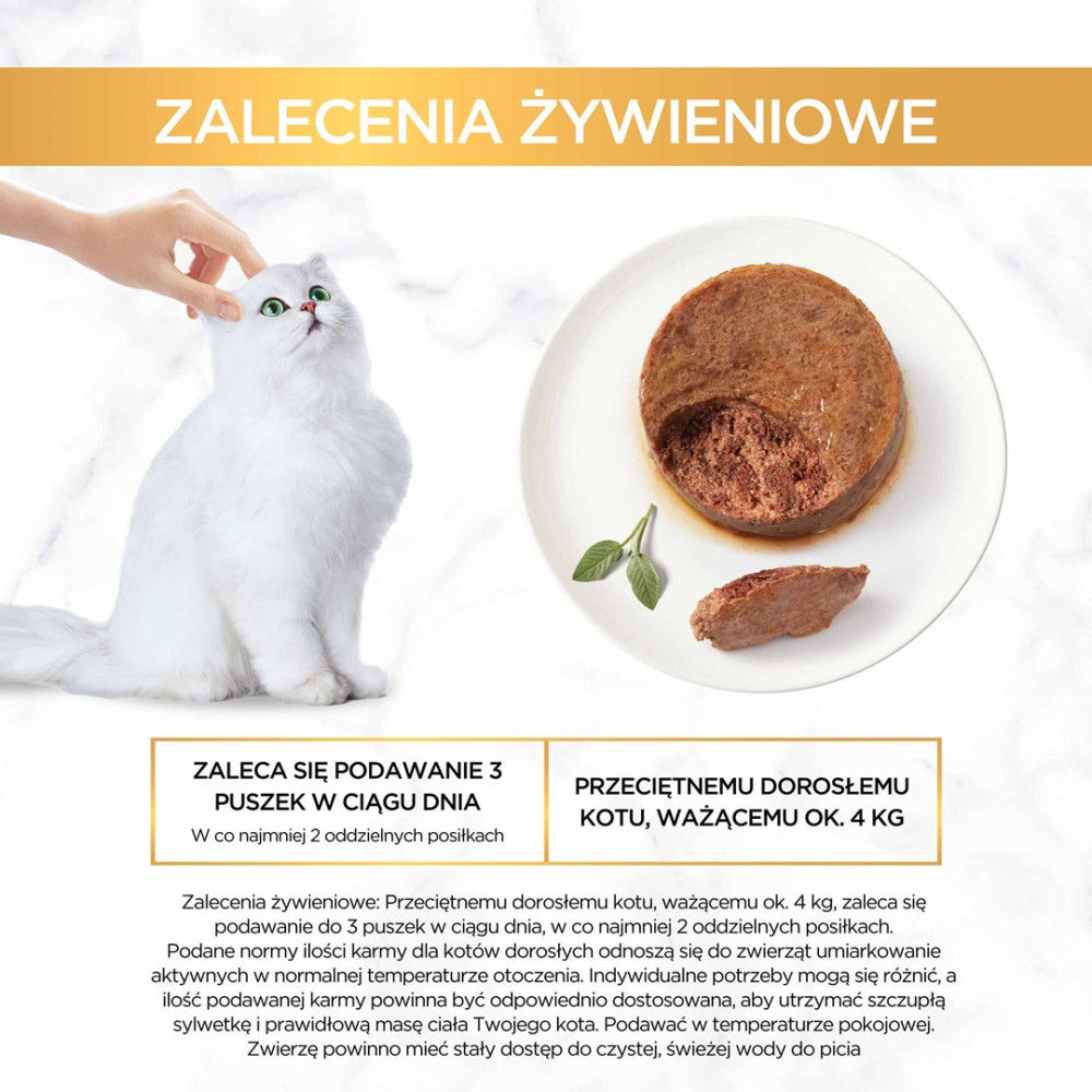 Ręka głaszcze białego kota obok talerza z karmą i tekstem na marmurowym tle.
