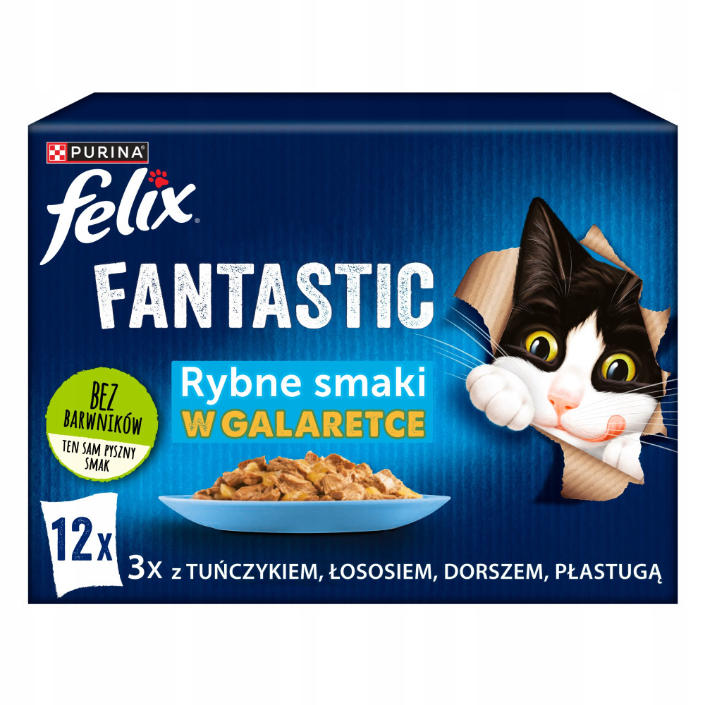 Niebieskie pudełko karmy dla kotów Felix z kotem wyglądającym z papieru i miseczką ryb w galaretce.