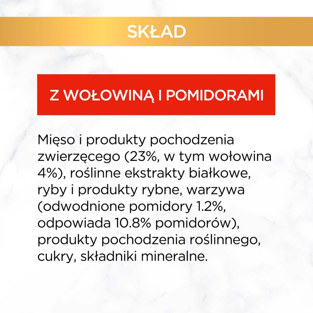 Lista składników z wołowiną i pomidorami na białym tle.
