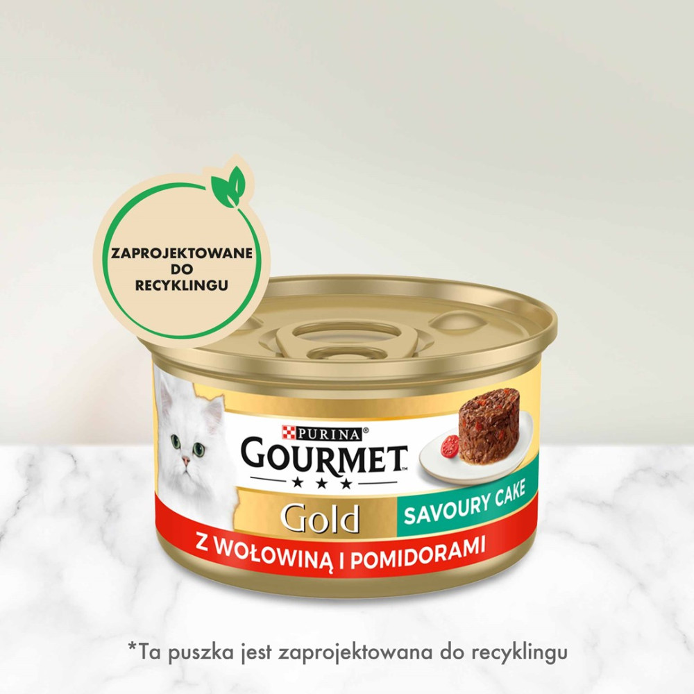 Puszka karmowa Purina Gourmet Gold z białym kotem i tekstem ZAPROJEKTOWANE DO RECYKLINGU.