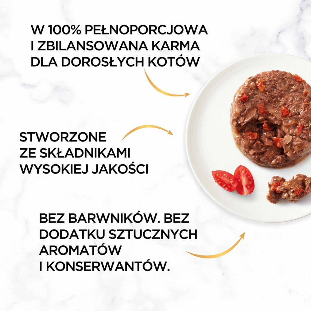 Mokra karma dla kota na białym talerzu z pomidorami i polskim tekstem na marmurowym tle.