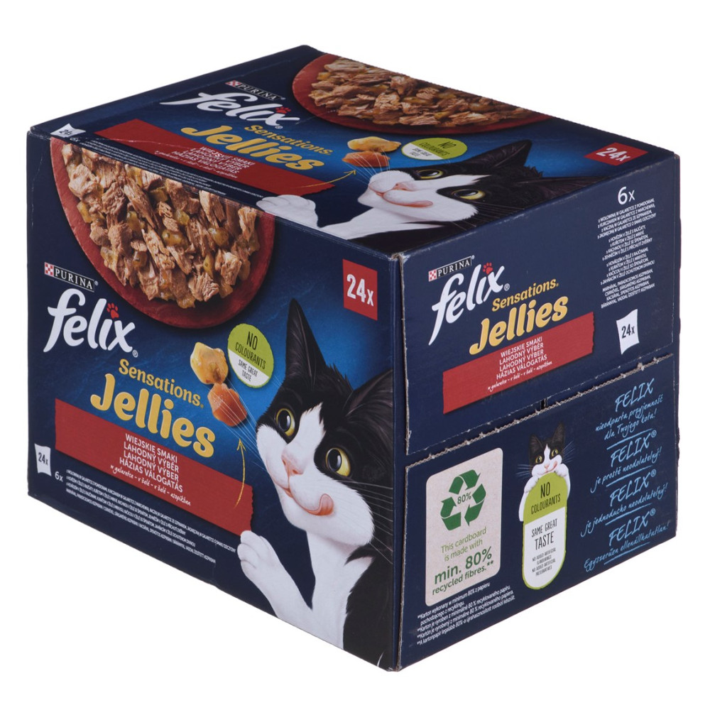 Niebieskie opakowanie karm dla kotów Felix Sensations Jellies z czarno-białym kotem i zdjęciami jedzenia.