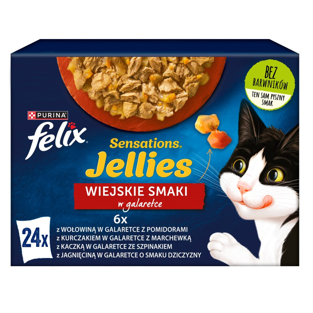 Opakowanie karm dla kotów Felix Sensations z czarno-białym kotem i kawałkami mięsa w galaretce.