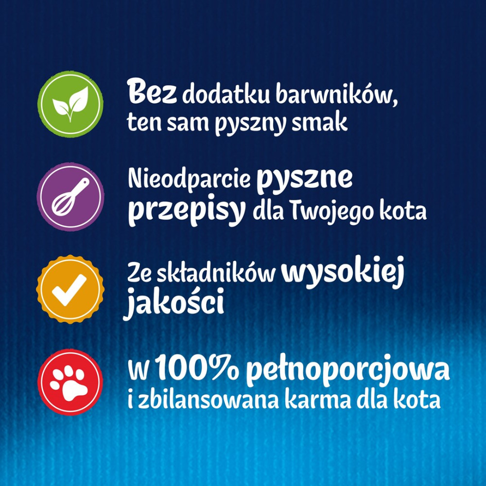 Niebieskie tło z czterema ikonami i polskim tekstem podkreślającym naturalne składniki i karmę dla kota.