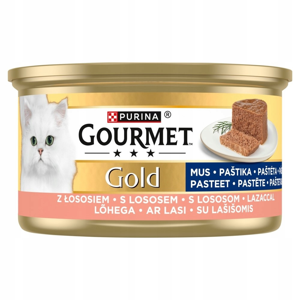 Puszka karma dla kota Purina Gourmet Gold z białym kotem, tekstem i pasztetem.