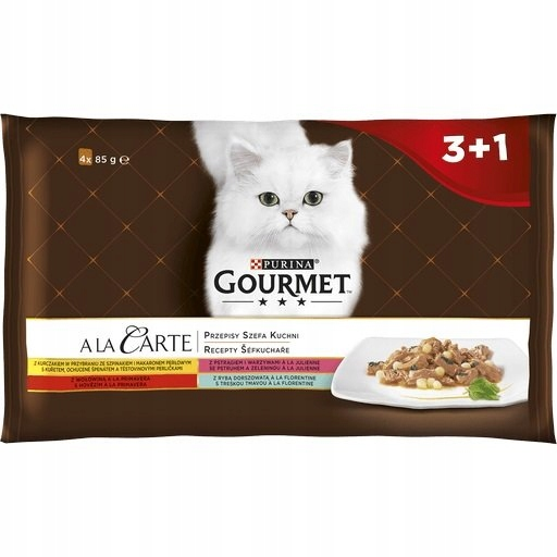 Opakowanie karmy dla kotów Purina Gourmet z białym kotem, logo i talerzem.