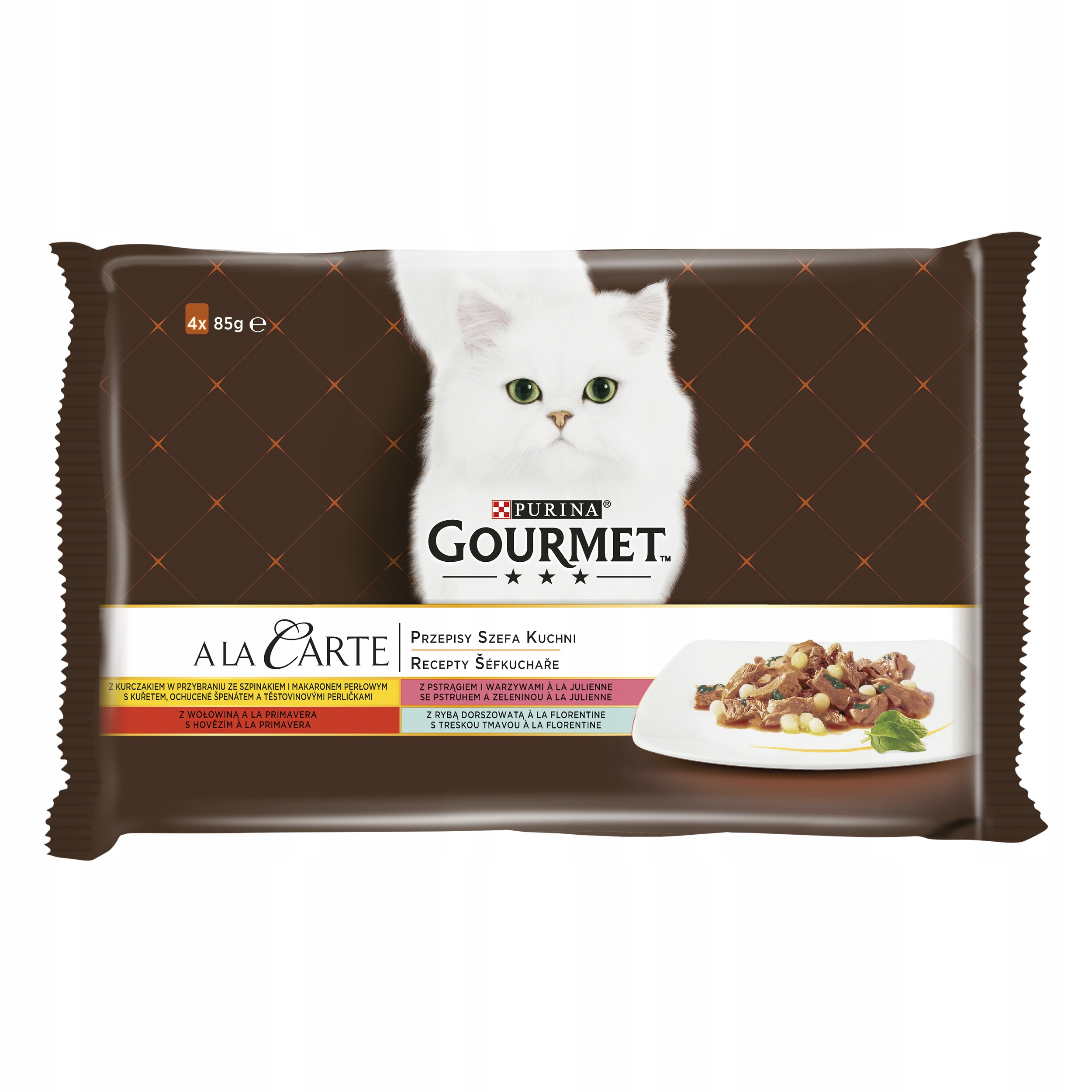 Saszetka karmy dla kota Purina Gourmet z białym kotem i potrawą mięsną na brązowym tle.