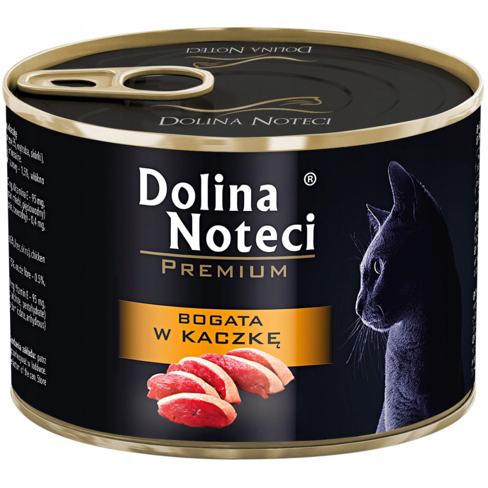 Czarna puszka karmu dla kota z wizerunkiem kaczki i napisem Dolina Noteci.