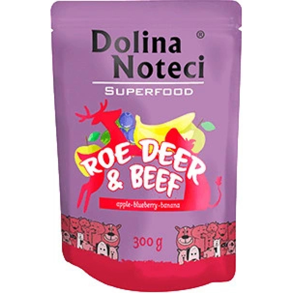 Fioletowa saszetka Dolina Noteci Superfood Roe Deer & Beef z owocami i jeleniem.