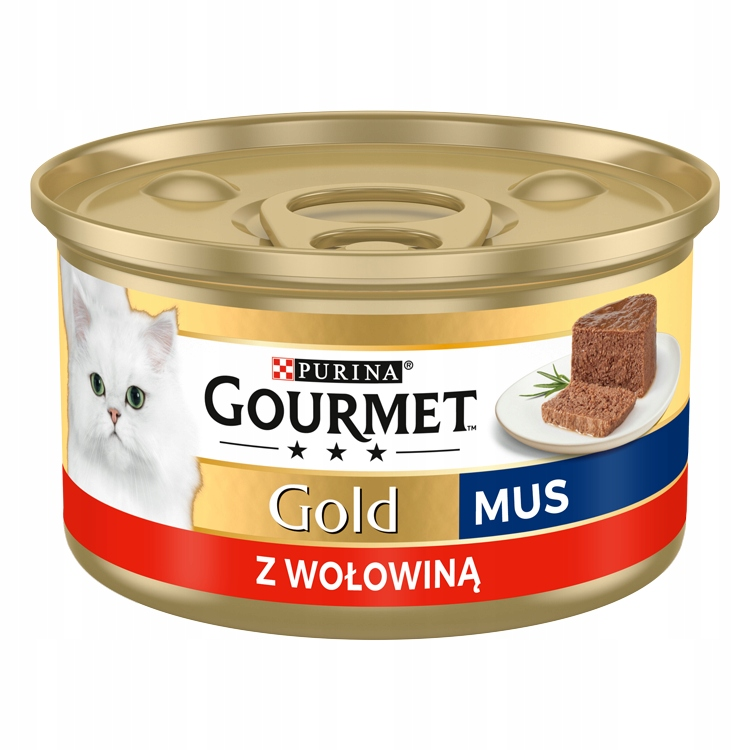 Złota puszka karmy Purina Gourmet Gold z białym kotem i musem wołowym.