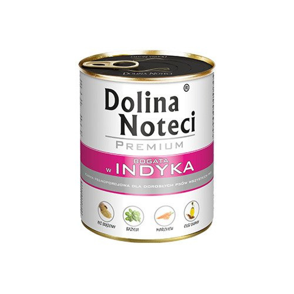 Biało-różowa puszka karmy dla psów Dolina Noteci Premium.