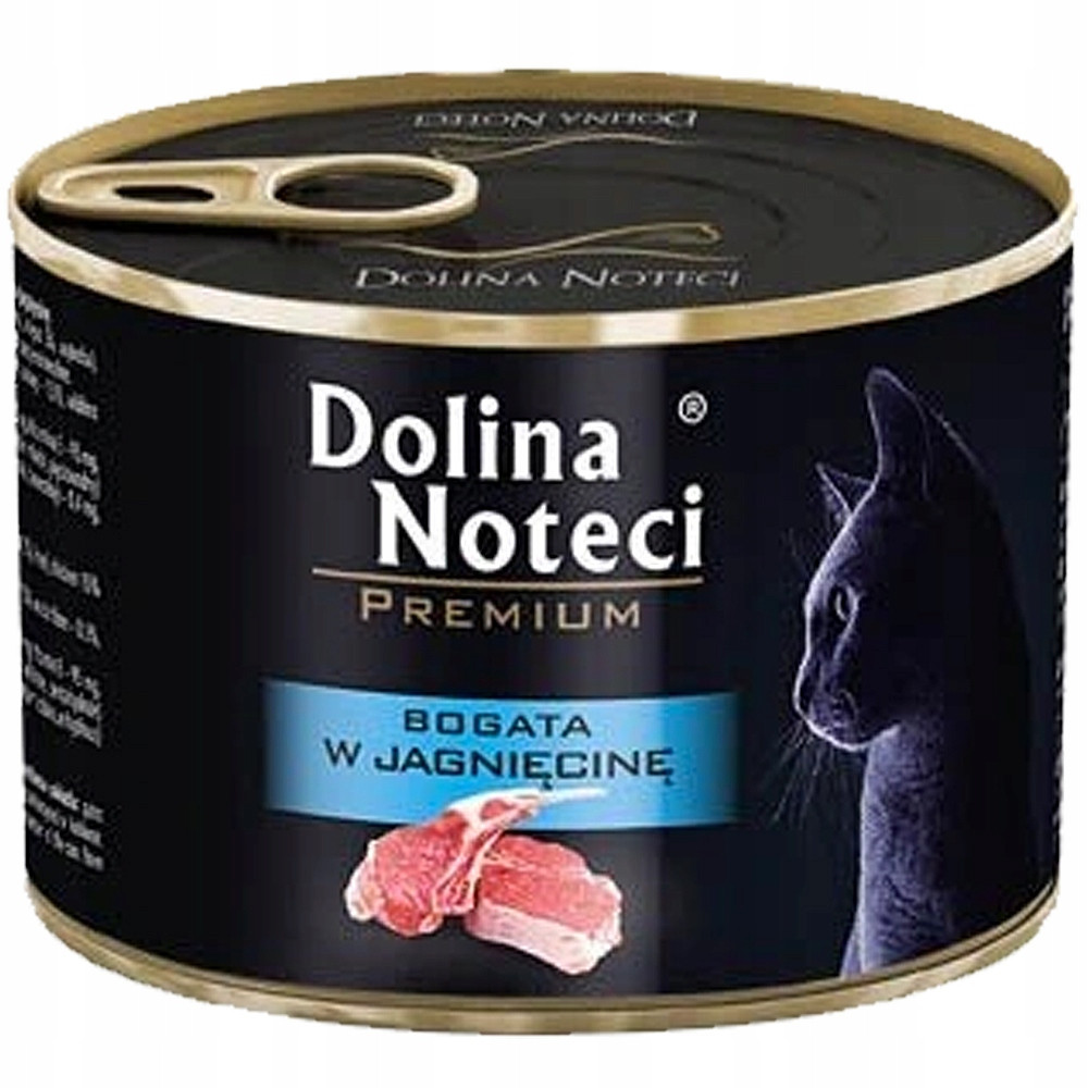 Czarna puszka karmy dla kota z czarnym kotem, grafiką jagnięciny i białym napisem Dolina Noteci.