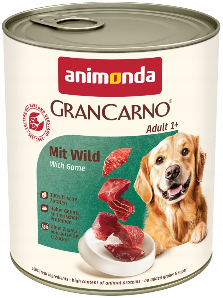 Puszka karmy dla psa Animonda GranCarno Adult Wild z kawałkami mięsa i golden retrieverem.
