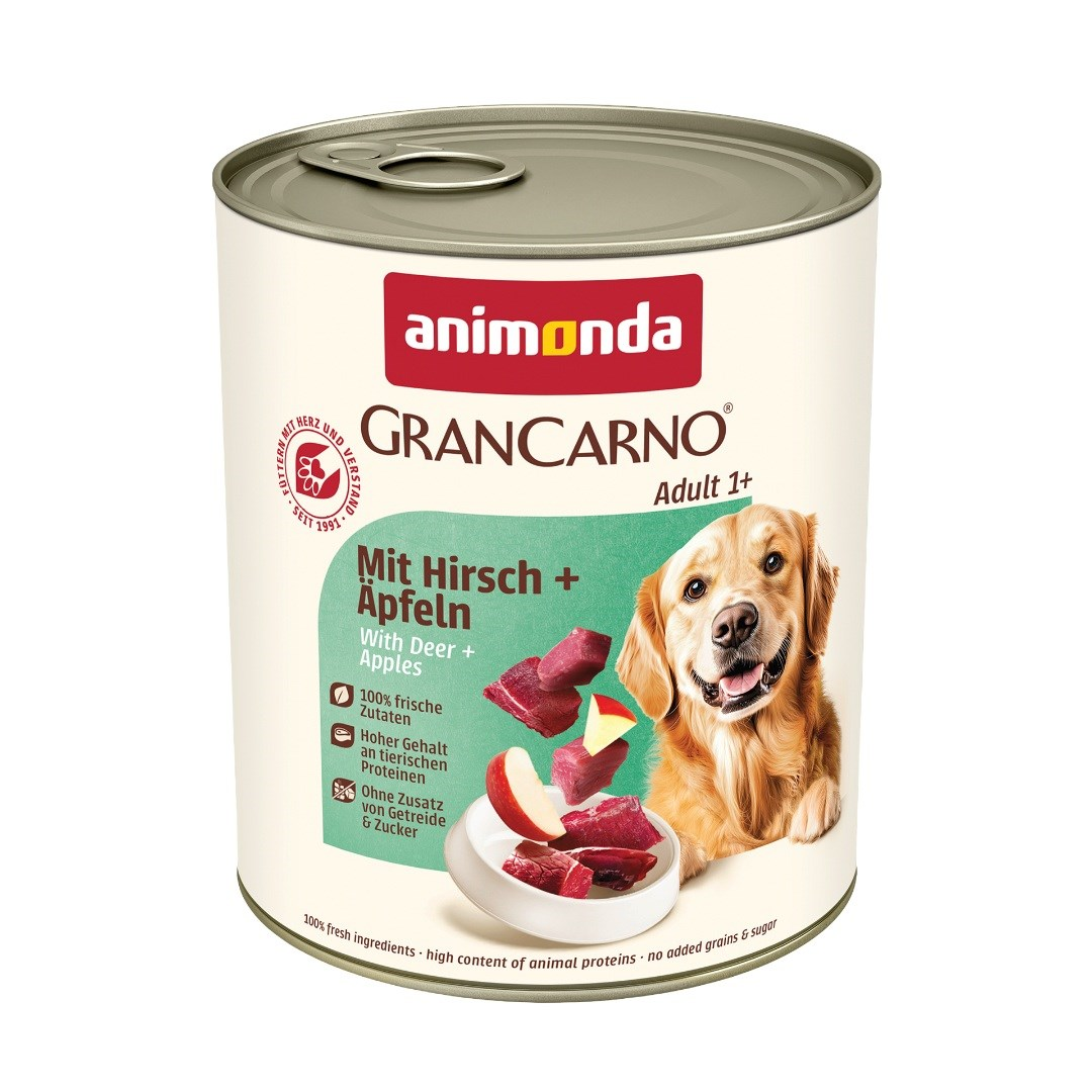Puszka karm dla psa Animonda GranCarno Adult z sarniną i jabłkami, golden retrieverem i świeżymi kawałkami mięsa.