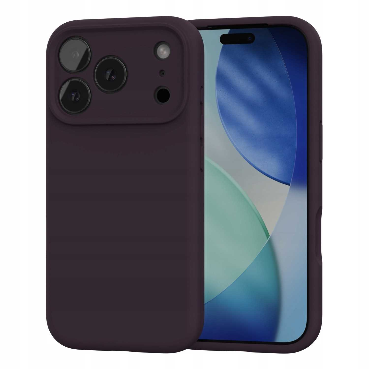Ciemnofioletowe etui ochronne na smartfon z potrójnym aparatem i niebieskim ekranem.