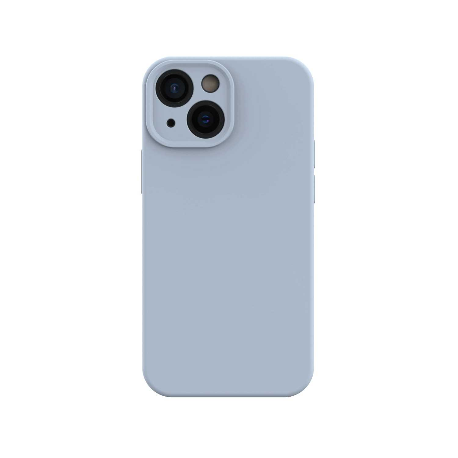 Jasnoniebieski smartfon z podwójnym aparatem z tyłu znajduje się na białym tle.