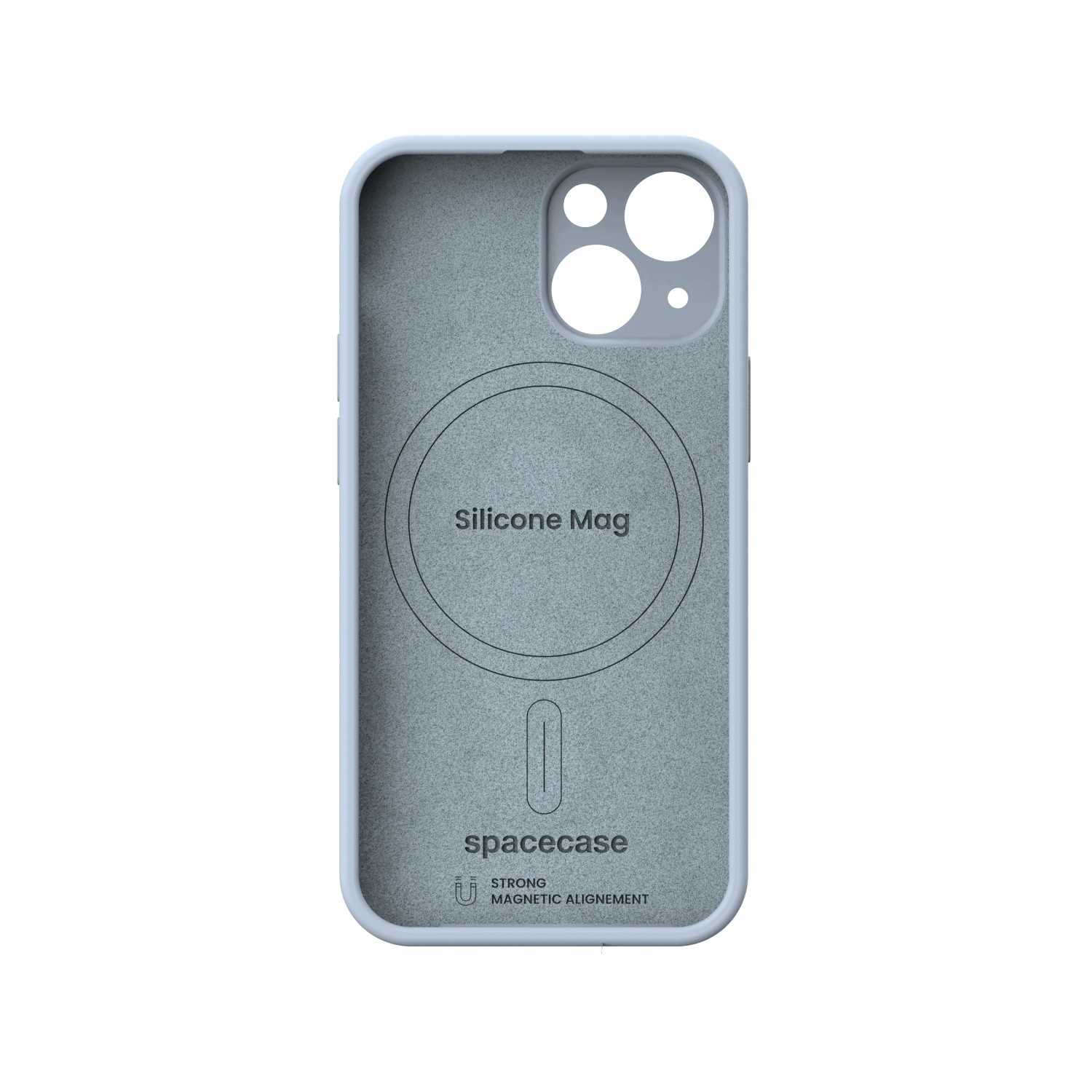 Widok wnętrza jasnoniebieskiego silikonowego etui na telefon z napisem spacecase i magnetycznym pierścieniem.