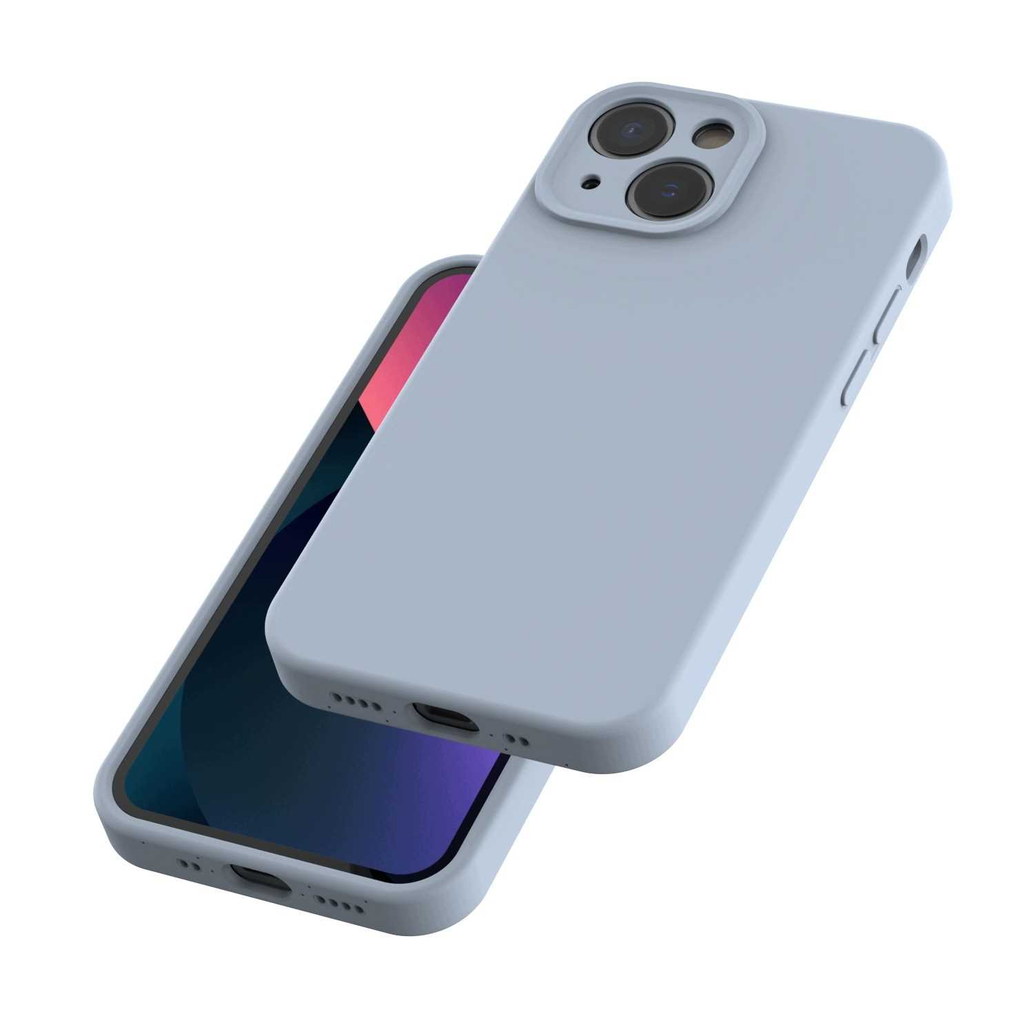Szary smartfon w silikonowym etui leży ukośnie na białym tle.