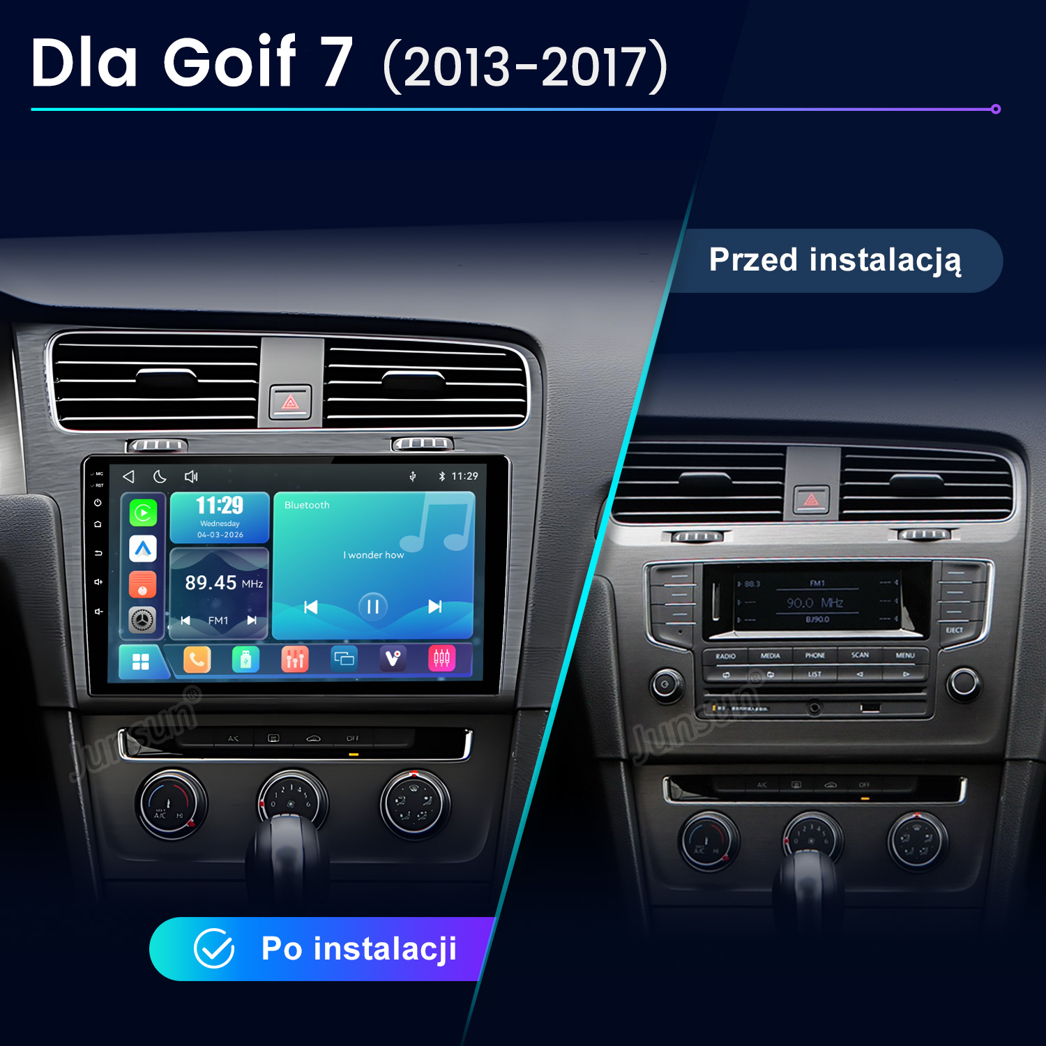 Porównanie konsoli środkowej samochodu przed i po instalacji nowego radia z ekranem dotykowym w VW Golf 7.