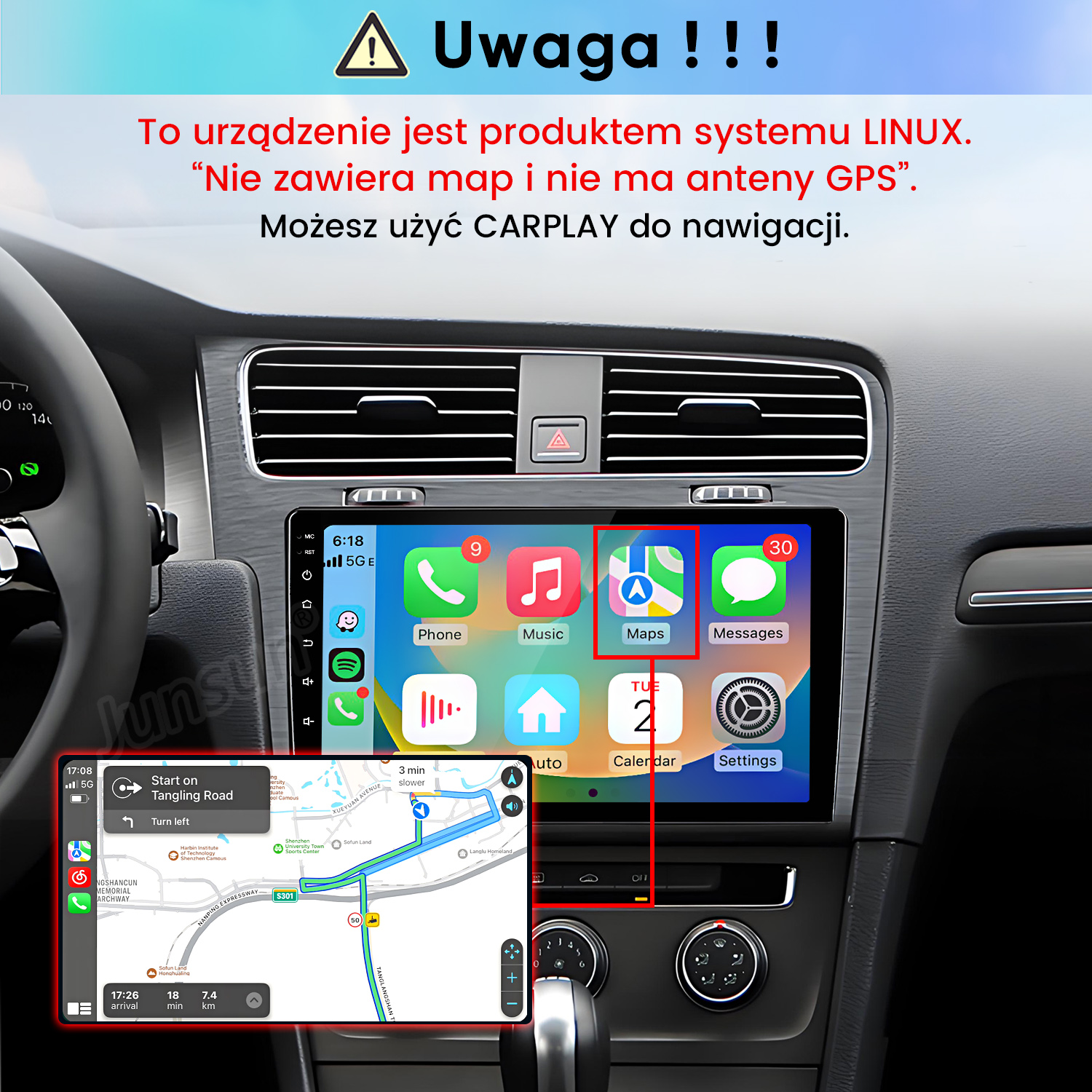 Wnętrze samochodu z systemem multimedialnym Linux i nawigacją CarPlay na ekranie.