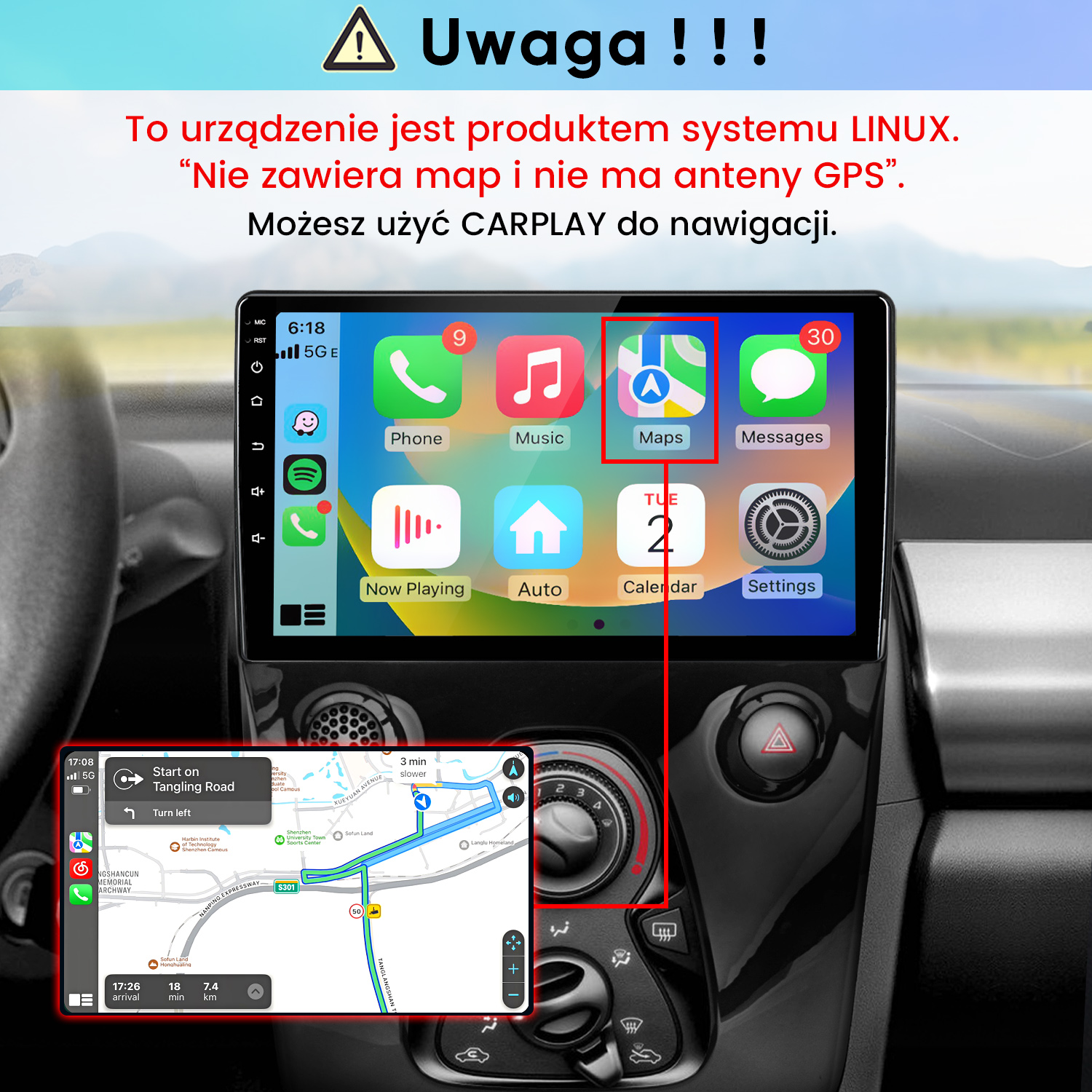 Ekran deski rozdzielczej samochodu z interfejsem Linux i mapą nawigacji.