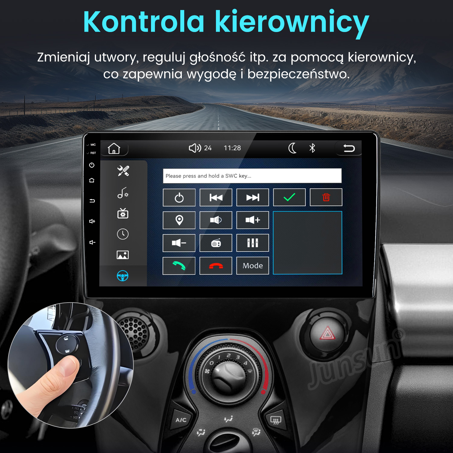 Deska rozdzielcza samochodu z dotykowym systemem infotainment wyświetlającym ustawienia sterowania z kierownicy.